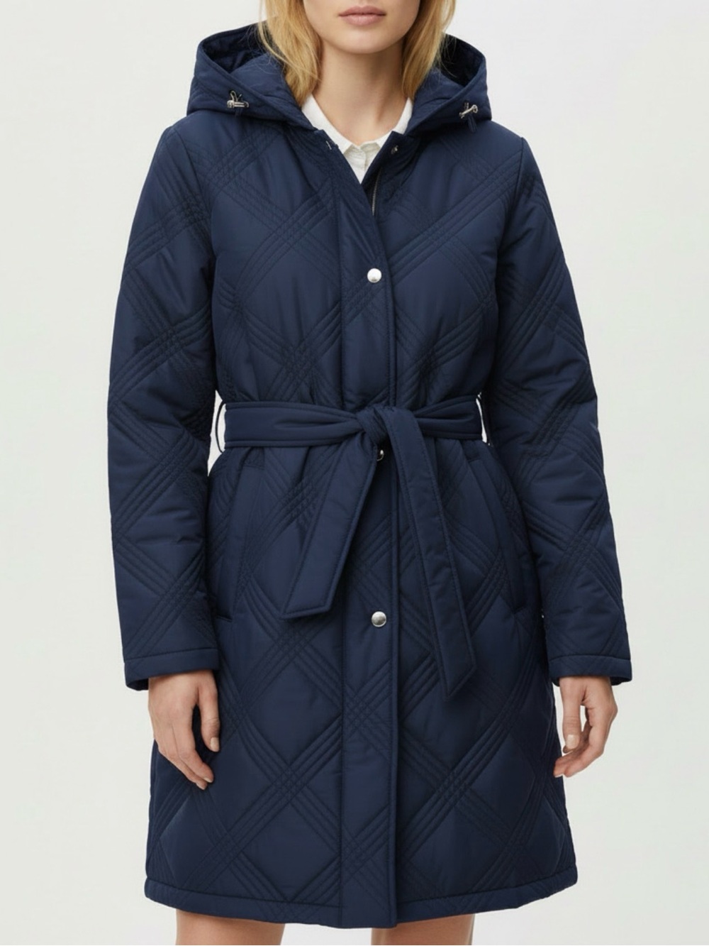 Jones New York Navy Quilted Hooded Belted Puffer Coat